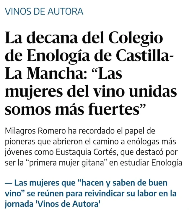 En vísperas del 8M, la decana del Colegio de Enólogos de Castilla-La Mancha Milagros Romero, comparecía en el Parlamento regional representando a las mujeres de la provincia de Ciudad Real, para reivindicar una mayor presencia femenina en el mundo del vino. Este jueves ha vuelto a hacerlo durante su participación en la Jornada 'Vinos de Autora', organizada por elDiarioclm.es y su sección Agroalimentaria, en Toledo. “Hay muchas mujeres en toda España que están haciendo muy buenos trabajos, en todas las denominaciones de origen”, resaltó Romero durante su ponencia 'Enología en femenino: historia, innovación y liderazgo'.

🖊️📸 El diario.es